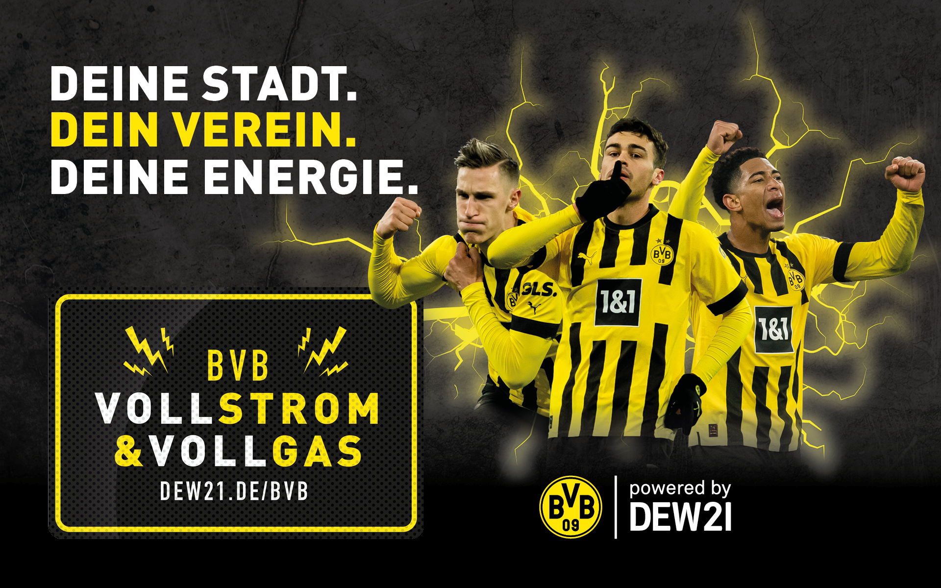 In schwarzgelbem Design erscheint der Titel "Deine Stadt. Dein Verein. Deine Energie." und neben Spielern des BVB werden die Produkte BVB Vollstrom und Vollgas präsentiert