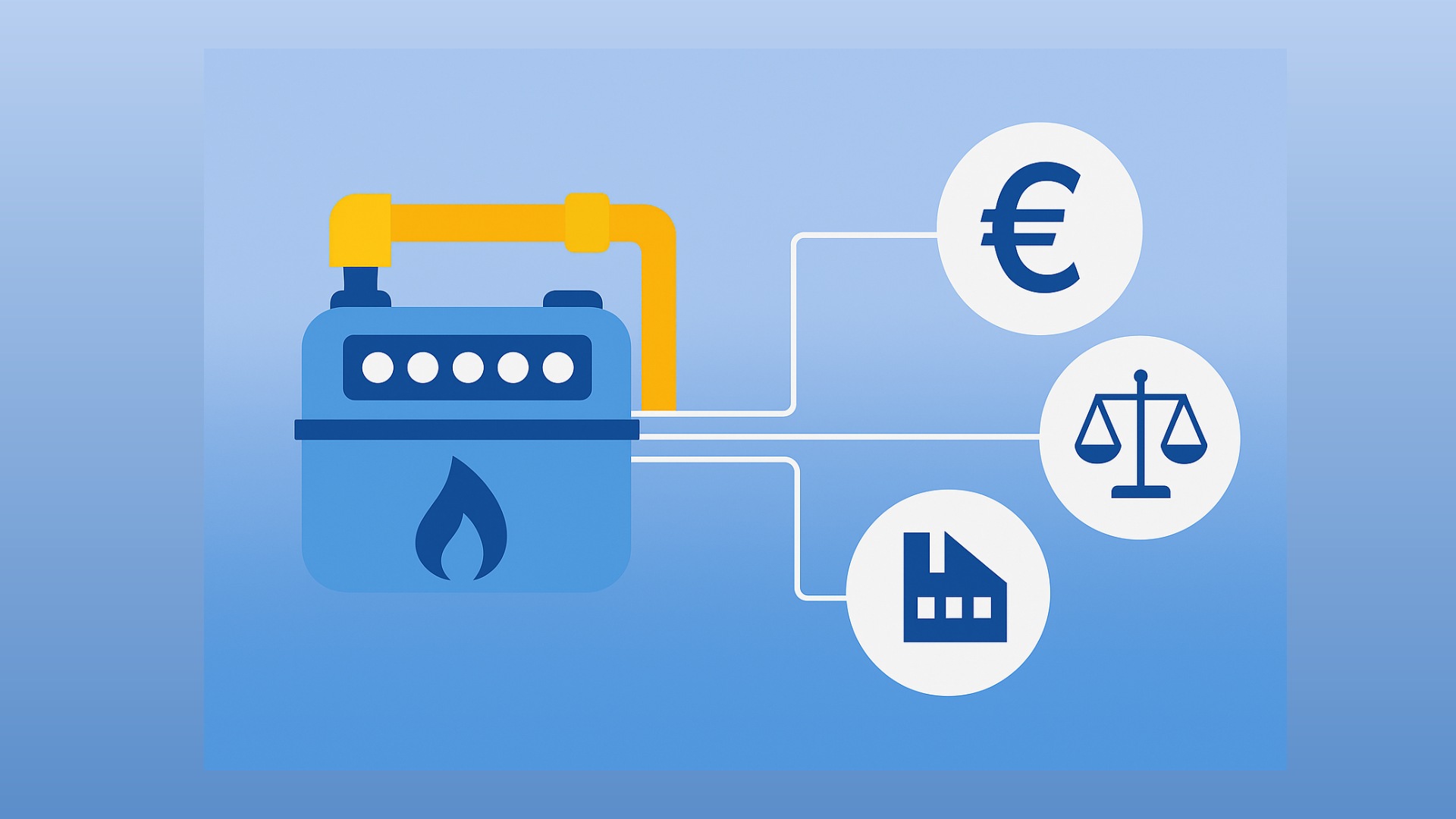 Gaszähler mit geld symbol, waagensymbol und industriesymbol auf blauem hintergrund