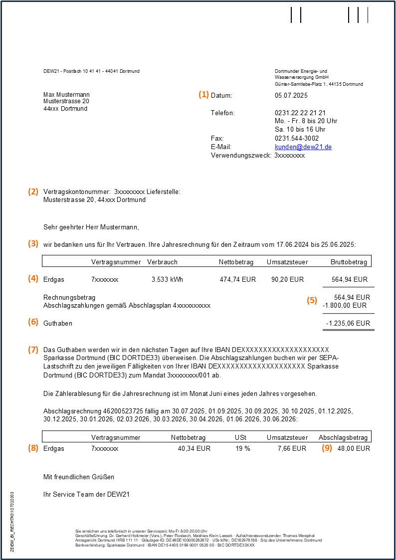 Muster einer Gasrechnung