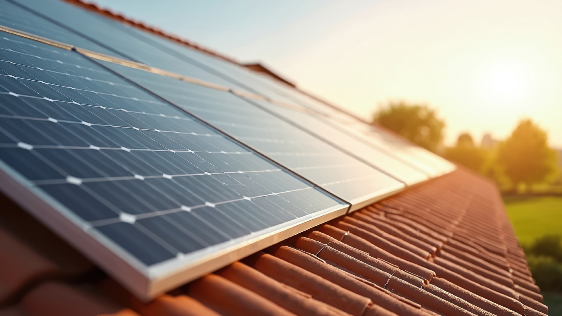 Solarmodule auf roten Ziegeldächern liefern alternative Energie. Erneuerbare Photovoltaikanlage erzeugt sauberen Strom aus Sonnenlicht im Haus. Umweltfreundliche technische Innovation, grüner Strom auf dem Wohndach