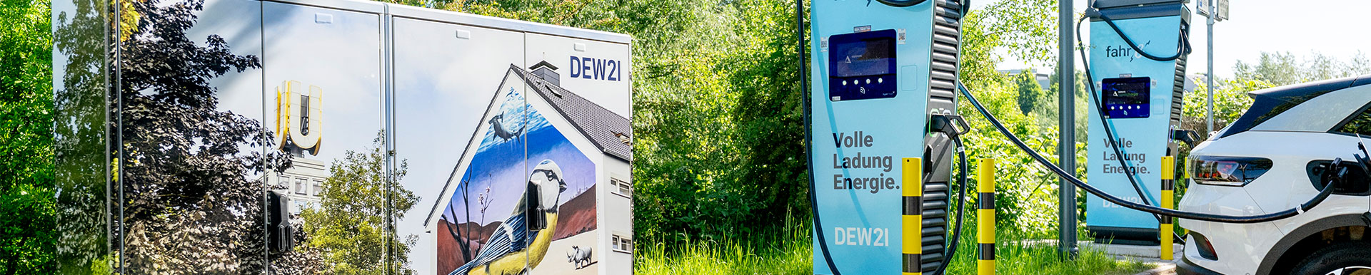 Stromkasten mit Vogelmotiv neben Ladesäulee für e-auto
