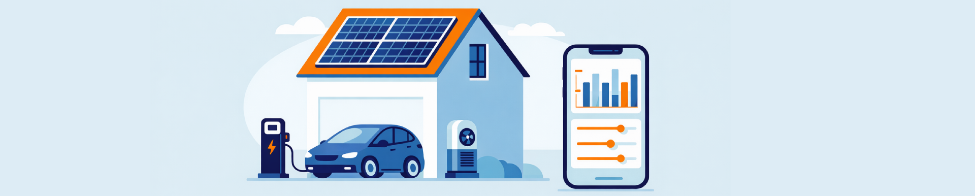 Haus mit Solaranlage, wallbox und Wärmepumpe, daneben ist ein Handy, mit verschiedenen Graphen