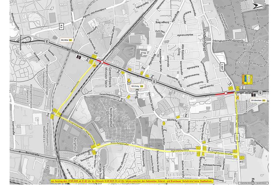 Straßenplan von Evingen mit Vermerk: von Sonntag dem 07.09.2025 ab 01:02 Uhr bis Mittwoch 10.09.2025 03:43 Uhr fahren zwischen Haltestellen Günterstr. und Brambauer Verkehrshof keine Straßenbahnen.
