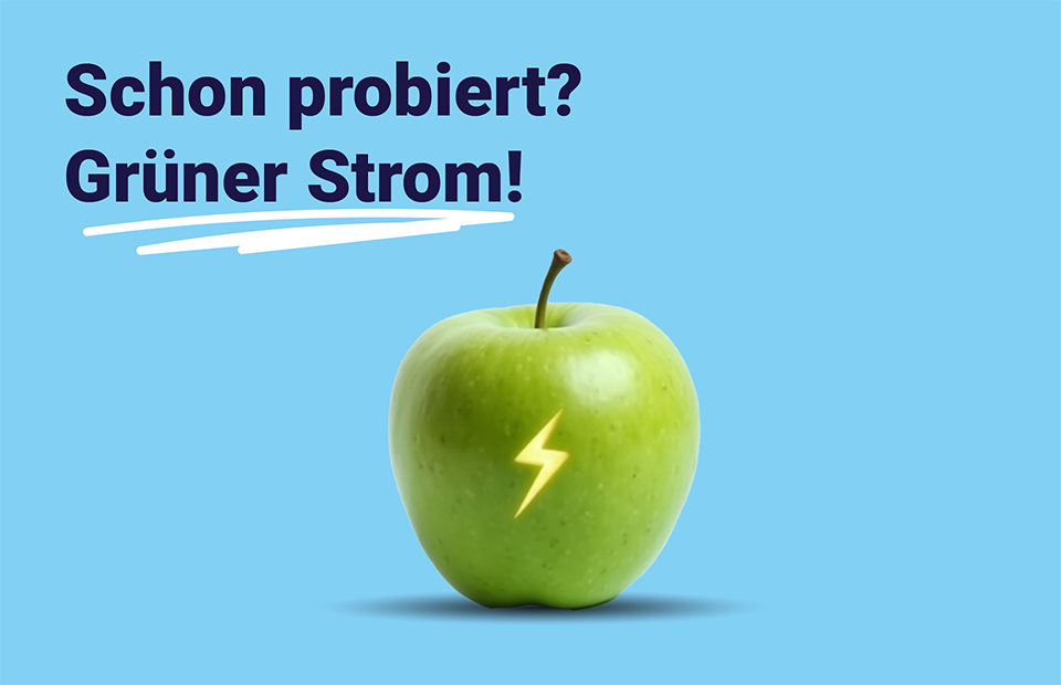 Ein Apfel mit einem Stromsymbol.