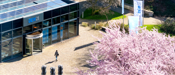 Im Hintergrund ist das Kundencenter am GSP, im Vordergrund der Kirschblüttenbaum 