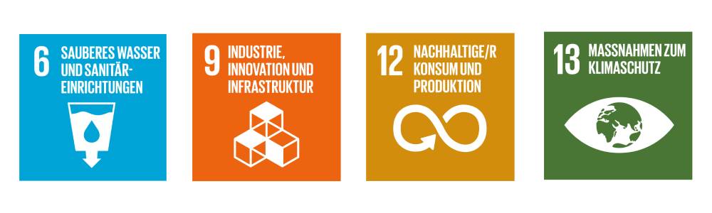 Siegel- 6 Sauberes Wasser uns Sanitäreinrichtungen, 9 Industrie, Innovation und Infrastruktur, 12 nachhaltige/r Konsum und Produktion, 13 Massnahmen zum Klimaschutz