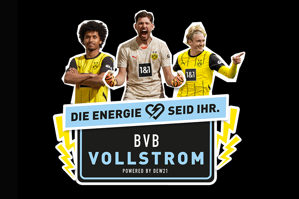  BVB Spieler präsentieren den BVB Vollstrom Tarif.
