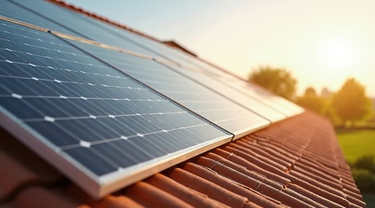 Solarmodule auf roten Ziegeldächern liefern alternative Energie. Erneuerbare Photovoltaikanlage erzeugt sauberen Strom aus Sonnenlicht im Haus. Umweltfreundliche technische Innovation, grüner Strom auf dem Wohndach