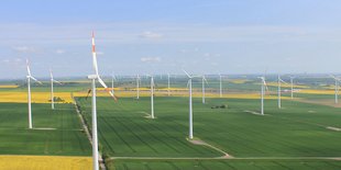 Feld mit Windturbinen, grüne und gelbe Felder, klarer Himmel mit Wolken.