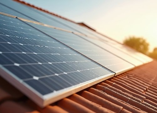 Solar panels on red tile roof provide alternative energy. Renewable photovoltaic system creates clean electricity from sunlight at house. Eco friendly tech innovation, green power rooftop residential