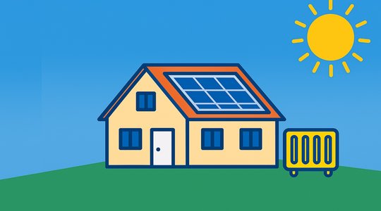 gezeichnetes Haus mit Photovoltaikanlage, Heizung und einer Sonne