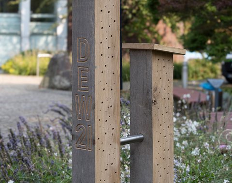 Holzstruktur mit vertikalem Text 'DEW21', Pflanzen und Blumen im Hintergrund.