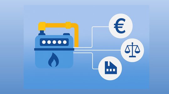 Gaszähler mit geld symbol, waagensymbol und industriesymbol auf blauem hintergrund