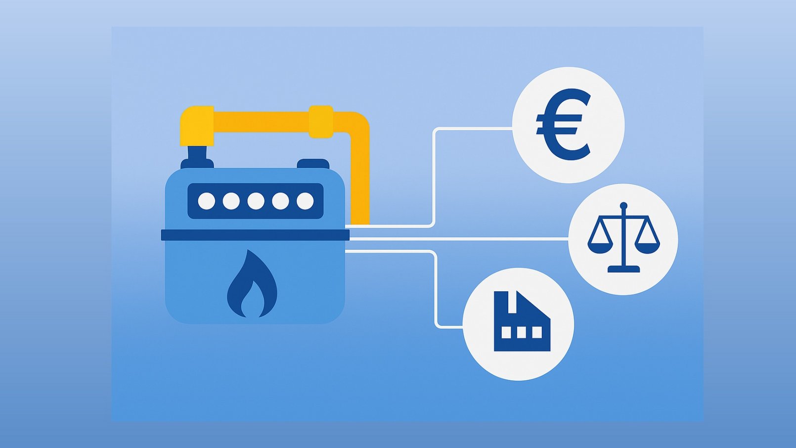 Gaszähler mit geld symbol, waagensymbol und industriesymbol auf blauem hintergrund